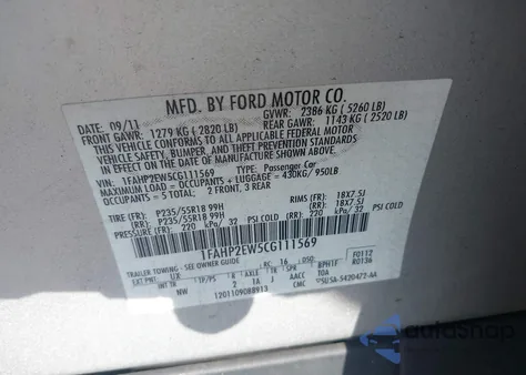 2012 Ford Taurus Sel from USA, damaged, VIN 1FAHP2EW5CG111569